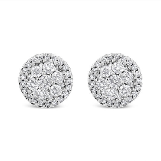 14K White Gold 1.0 Cttw Brilliant-Cut Diamond Halo-Style Cluster Round Button Stud Earrings (H-I Color, I1-I2 Clarity)