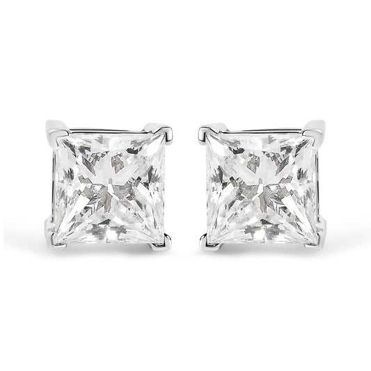 14K White Gold 1 1/2 Cttw Clarity Enhanced Princess Cut Diamond Solitaire Stud Earrings (I-J Color, I1-I2 Clarity)