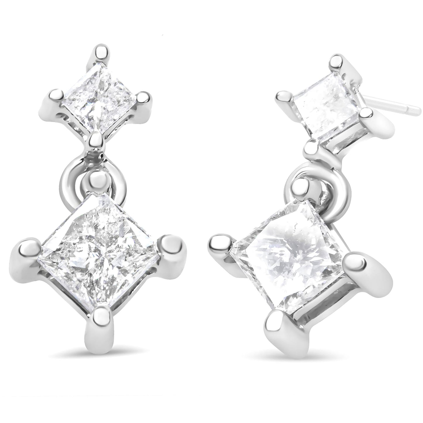 14K White Gold 3/8 Cttw Princess-Cut Diamond Double Dangle 2 Stone Stud Drop Earrings for Women (I-J Color, I2-I3 Clarity)