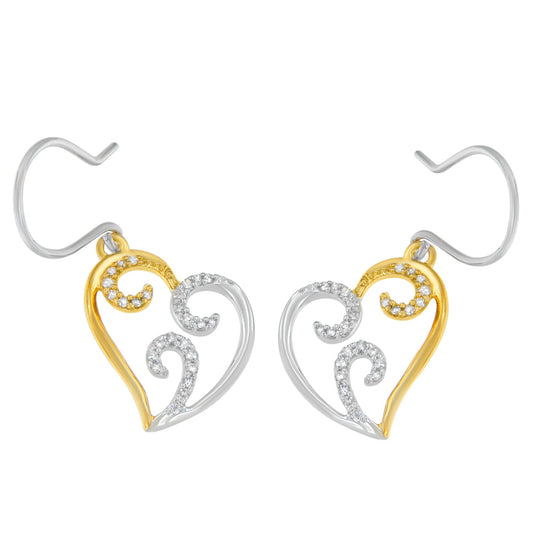 10K Two-tone Gold Round Diamond Heart Dangle Earrings (1/4 cttw, I-J Color, I2-I3 Clarity)