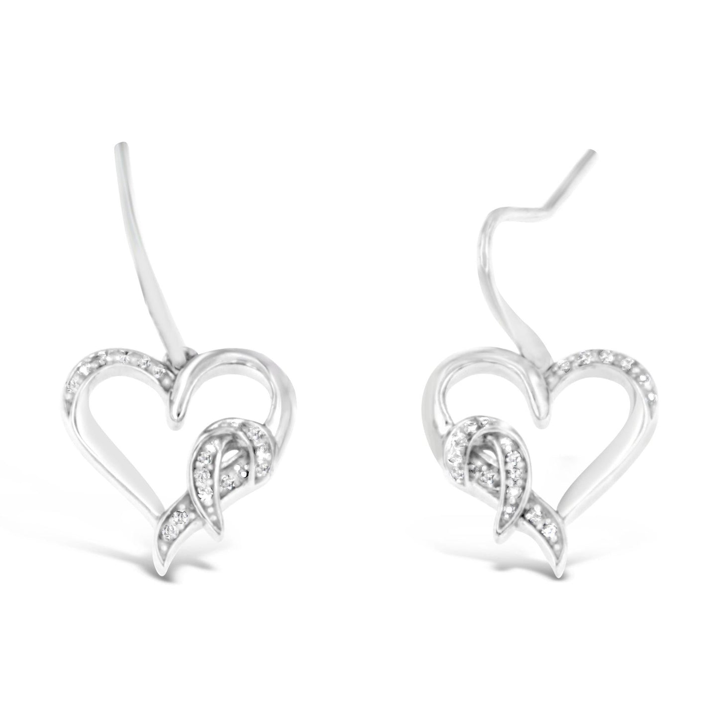 Sterling Silver Round Cut Diamond Heart Dangle Earrings (0.09 cttw, H-I Color, I1-I2 Clarity)