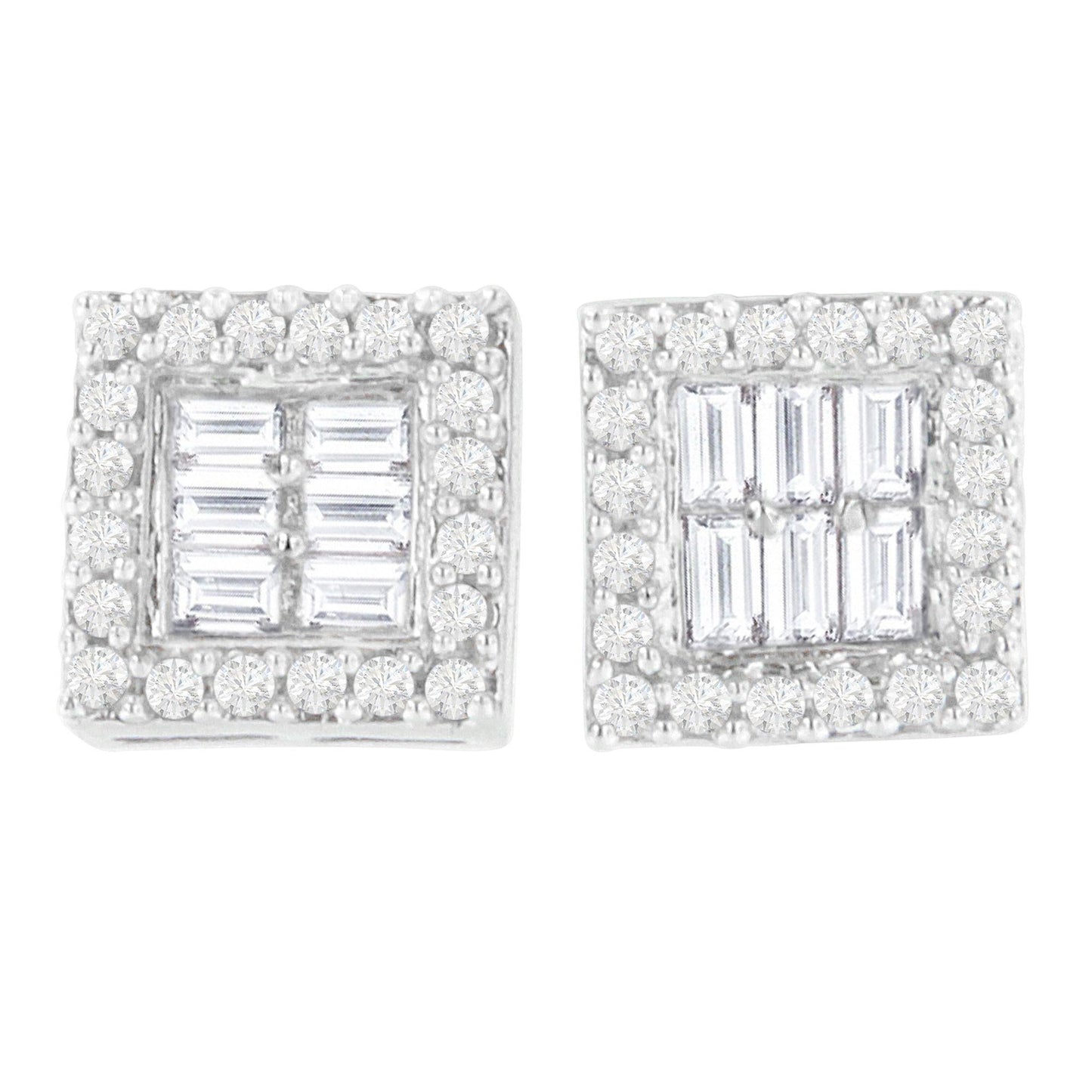 14K White Gold 1 cttw Round and Baguette Diamond Stud Earrings (H-I, SI1-SI2)