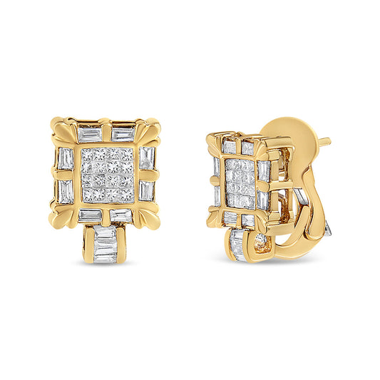 14K Yellow Gold 7/8 Cttw Princess and Baguette-Cut Diamond Square Framed Huggie Hoop Omega Earrings (H-I Color, SI1-SI2 Clarity)