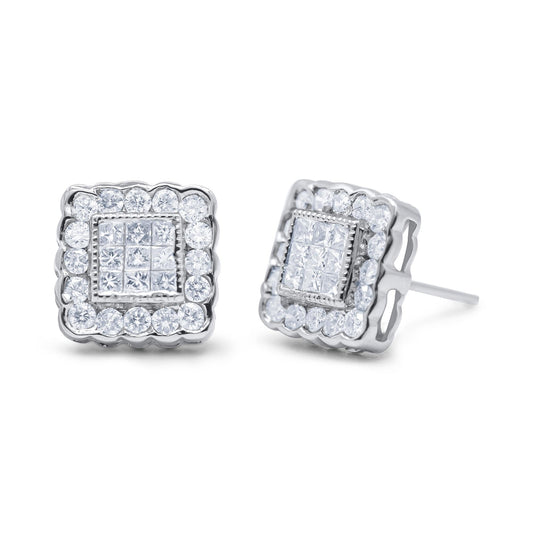 14K White Gold 1.0 Cttw Round Brilliant & Princess Cut Diamond Scallop-Edge Framed Square Halo Stud Earrings (G-H Color, SI1-SI2 Clarity)