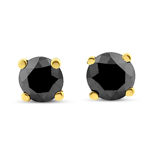 14K Yellow Gold 3/4 Cttw Treated Black Diamond Screw-Back 4-Prong Classic Stud Earrings (Black Color, I2-I3 Clarity)