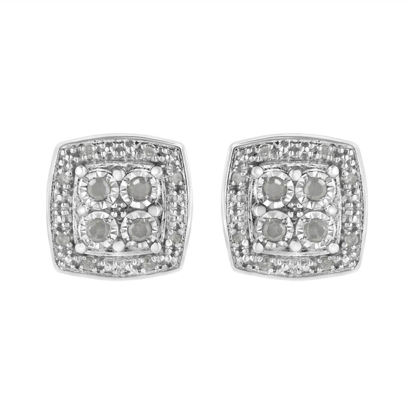 .925 Sterling Silver 1/4 cttw Round Cut Diamond Square Shape Milgrain Stud Earrings (I-J Color, I3 Clarity)