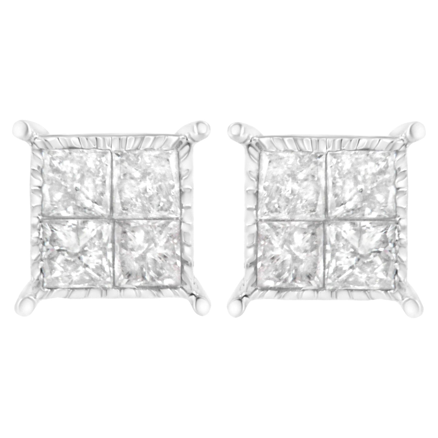 10K White Gold Square Earrings with Princess Cut Diamond (3/4 cttw, I-J Color, I2-I3 Clarity)