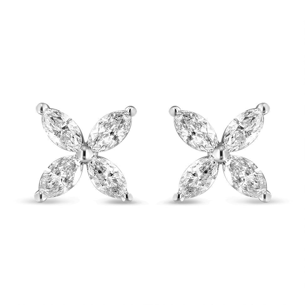 14K White Gold 1.0 Cttw Marquise Diamond 8 Stone Floral Leaf Stud Earrings (H-I Color, SI2-I1 Clarity)