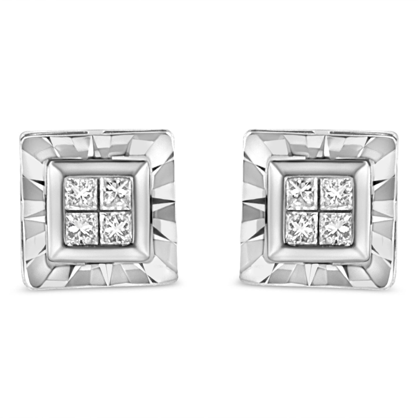 .925 Sterling Silver 1/6 Cttw Invisible Set Princess-Cut Diamond Quad Composite Stud Earrings (H-I Color, I1-I2 Clarity)