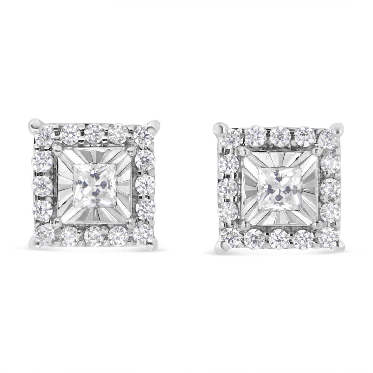 .925 Sterling Silver 1/4 Cttw Princess and Round Cut Diamond Halo Stud Earrings (I-J Color, I2-I3 Clarity)