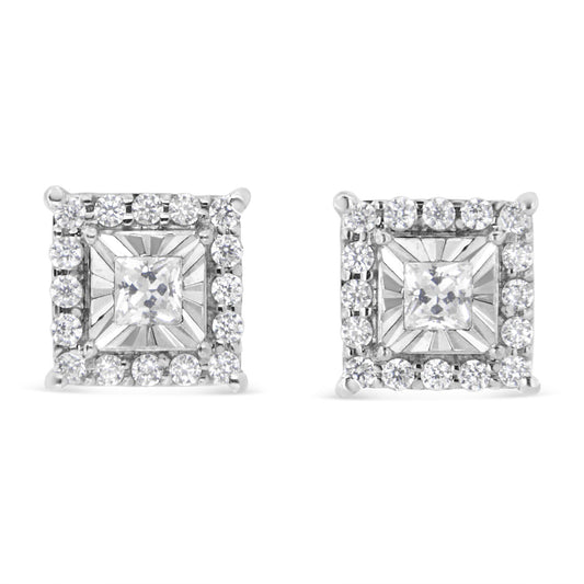 .925 Sterling Silver 1/4 Cttw Princess and Round Cut Diamond Halo Stud Earrings (I-J Color, I2-I3 Clarity)