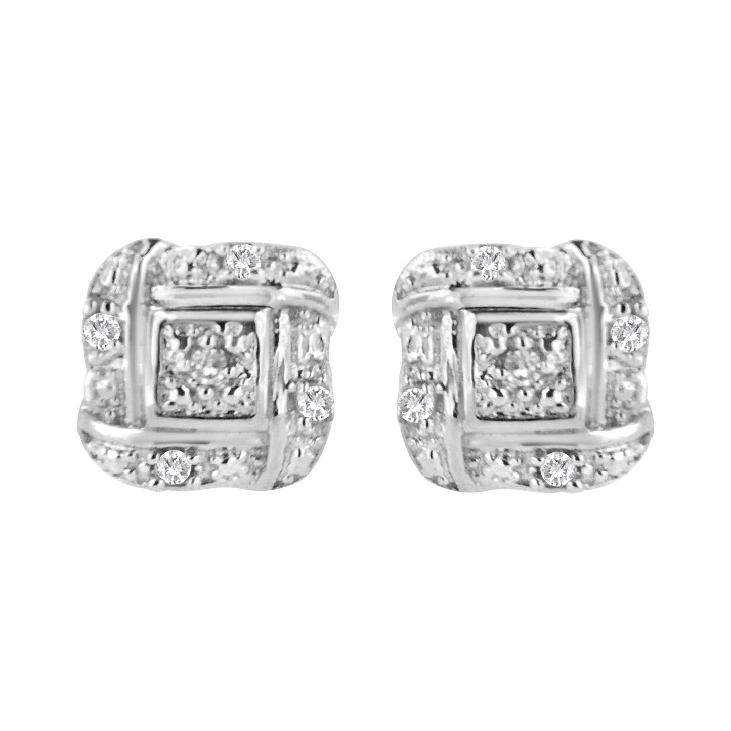 Sterling Silver Round Cut Diamond Square Stud Earrings (0.04 cttw, H-I Color, I2-I3 Clarity)