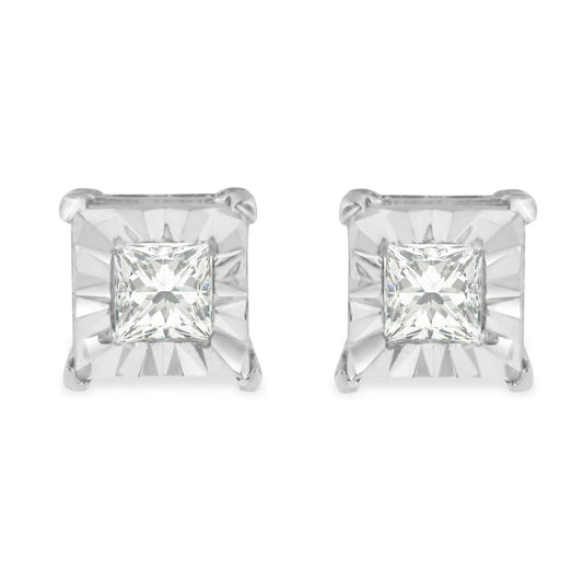 .925 Sterling Silver 1/4 Cttw Princess-Cut Square Near Colorless Diamond Solitaire Miracle-Plate Stud Earrings (H-I Color, I2-I3 Clarity)