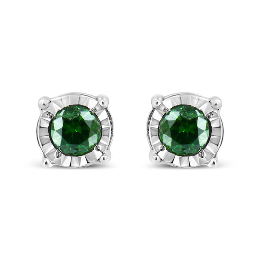 Sterling Silver Rose Cut Treated Green Diamond Solitaire Stud Earrings (0.25 cttw, Green Color, I2-I3 Clarity)