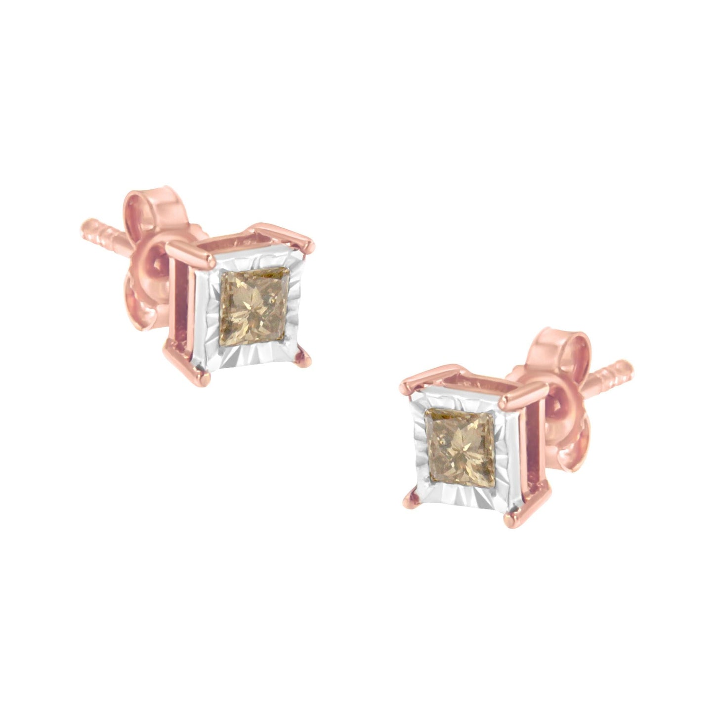 14K Rose Gold Plated Two-Tone .925 Sterling Silver 1/2 Cttw Princess-Cut Square Diamond Solitaire Miracle-Plate Stud Earrings (K-L Color, I2-I3 Clarity)