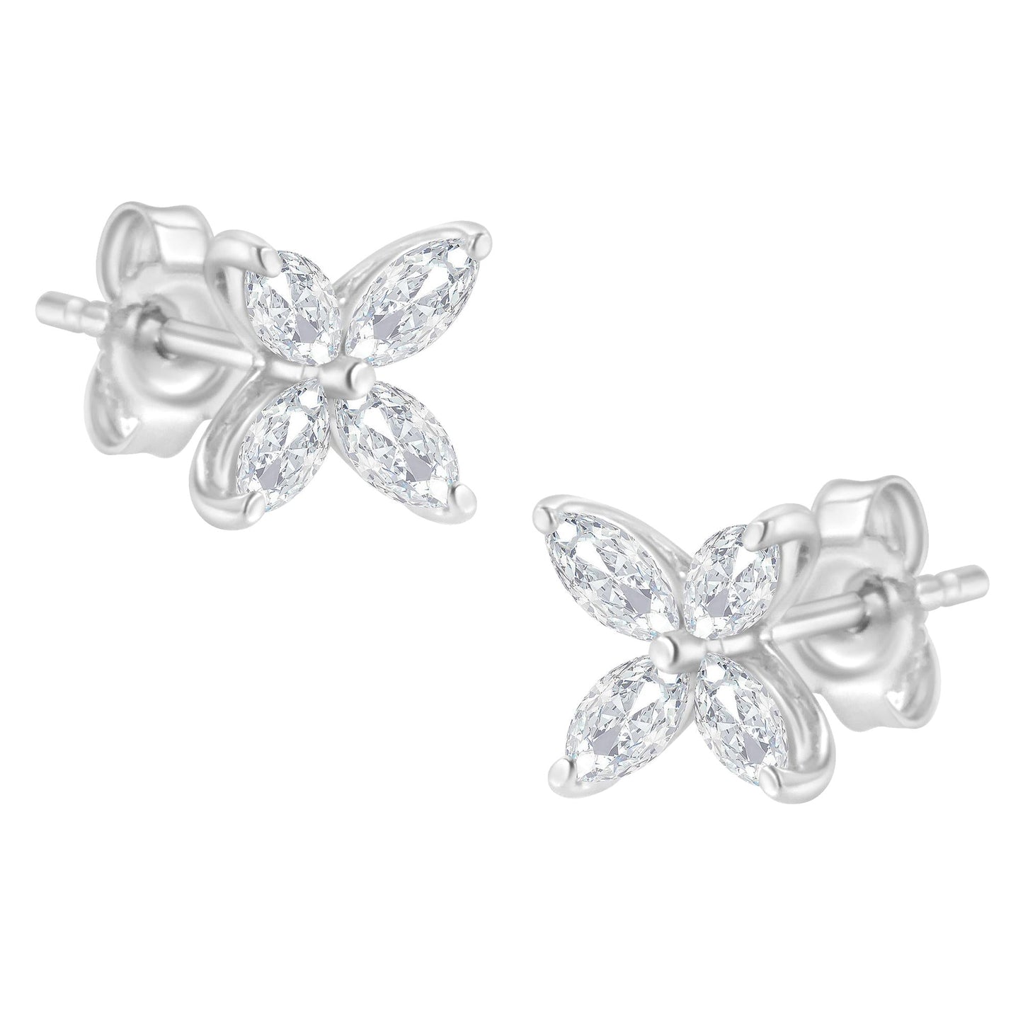 14K Gold Marquise Diamond 8 Stone Floral Leaf Stud Earrings (I-J Color, SI2-I1 Clarity)