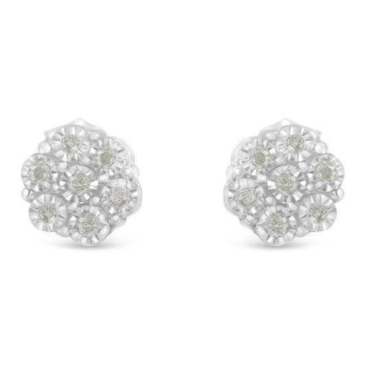 .925 Sterling Silver 1/6 Cttw Round-Cut Diamond Miracle-Set Floral Cluster Button Stud Earrings (I-J Color, I2-I3 Clarity)