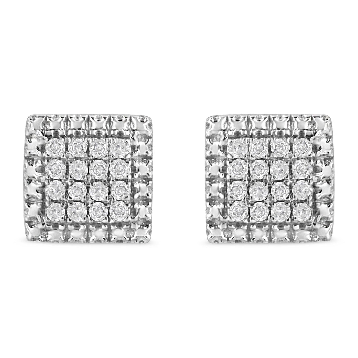 .925 Sterling Silver 1/6 Cttw Round-Cut Diamond Cluster Square Shaped Stud Earrings (I-J Color, I2-I3 Clarity)