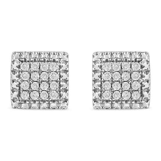 .925 Sterling Silver 1/6 Cttw Round-Cut Diamond Cluster Square Shaped Stud Earrings (I-J Color, I2-I3 Clarity)