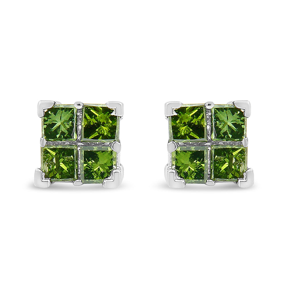 .925 Sterling Silver Treated Green Princess-cut Diamond 4 Stone Composite Quad Stud Earring (Green Color, I1-I2 Clarity)