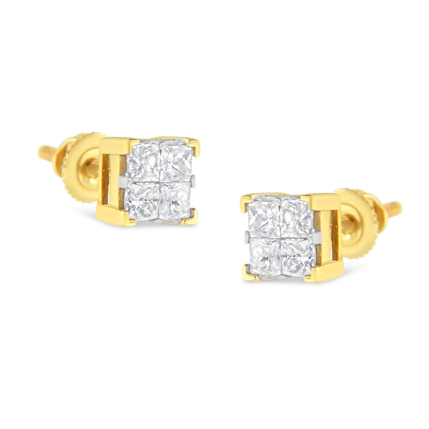 10K Yellow Gold 3/4 Cttw Invisible Set Princess-Cut Diamond Composite Square Stud Earrings (I-J Color, I2-I3 Clarity)