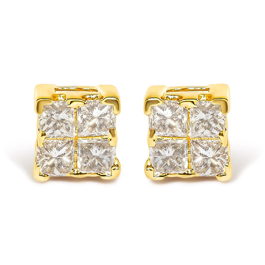 14K Yellow Gold 1/4 Cttw Invisible Set Princess-Cut Diamond Square Stud Earring (J-K Color, I1-I2 Clarity)