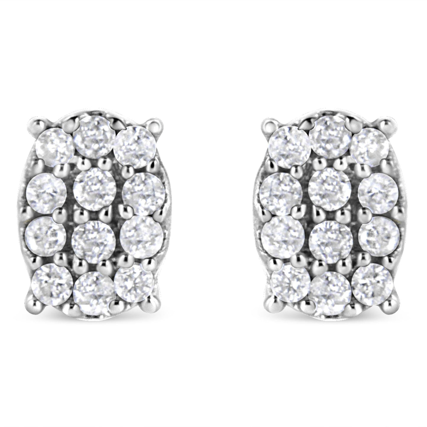 .925 Sterling Silver 1/4 Cttw Round Diamond Oval Shaped Cluster Stud Earrings (I-J Color, I2-I3 Clarity)