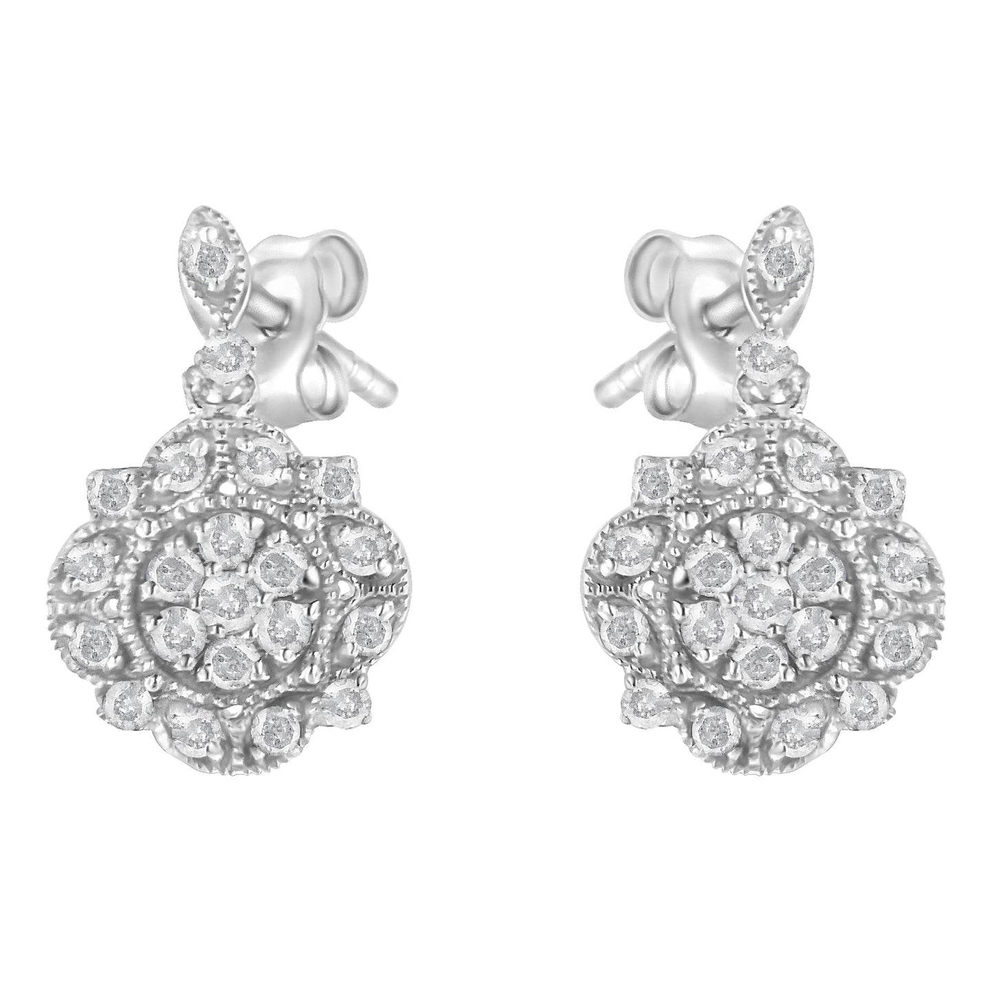 .925 Sterling Silver 1/2 Cttw Diamond Dangle Miligrain Earring (I-J Color, I2-I3 Clarity)