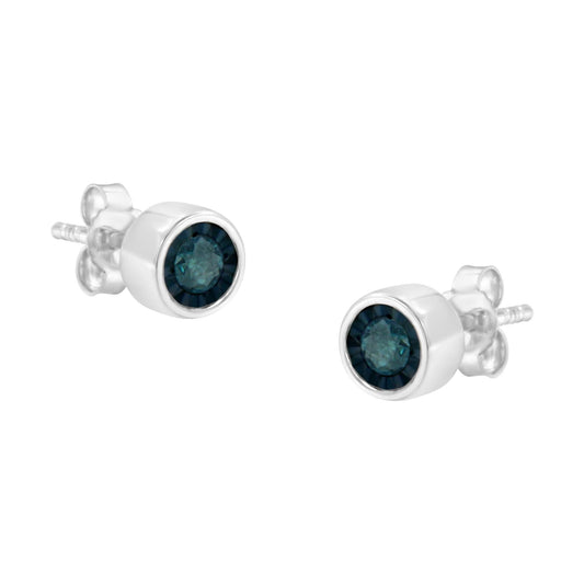 .925 Sterling Silver 1/5 Cttw Round Brilliant-Cut Blue Diamond Miracle-Set Stud Earrings (Fancy Color-Enhanced, I2-I3 Clarity)