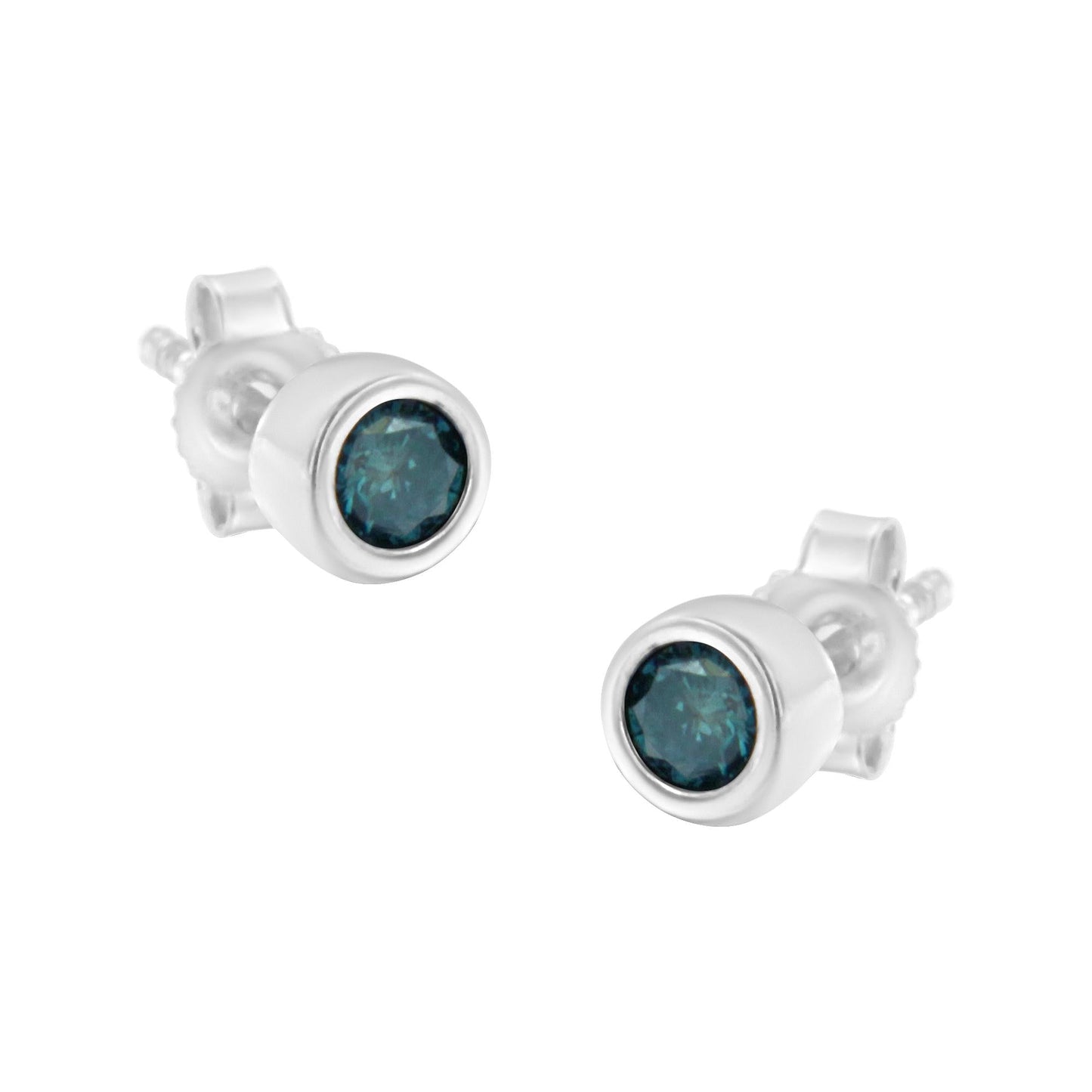 .925 Sterling Silver 1/5 Cttw Round Brilliant-Cut Blue Diamond Bezel-Set Stud Earrings (Fancy Color-Enhanced, I2-I3 Clarity)