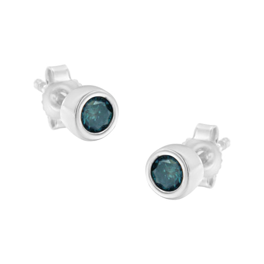 .925 Sterling Silver 1/5 Cttw Round Brilliant-Cut Blue Diamond Bezel-Set Stud Earrings (Fancy Color-Enhanced, I2-I3 Clarity)