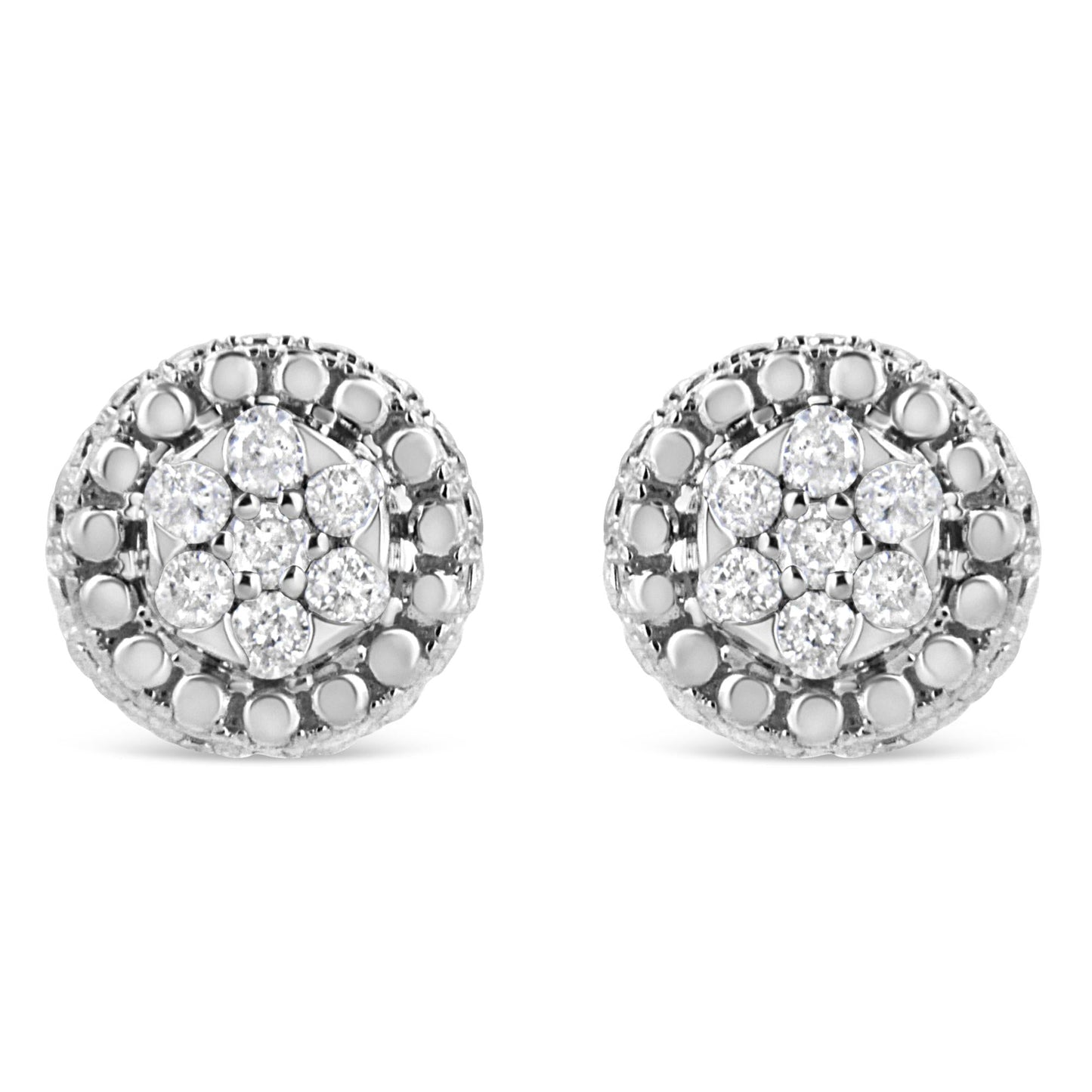 .925 Sterling Silver 1/3 Cttw 7 Stone Pave Set Diamond Beaded Stud Earrings (I-J Color, I2-I3 Clarity)