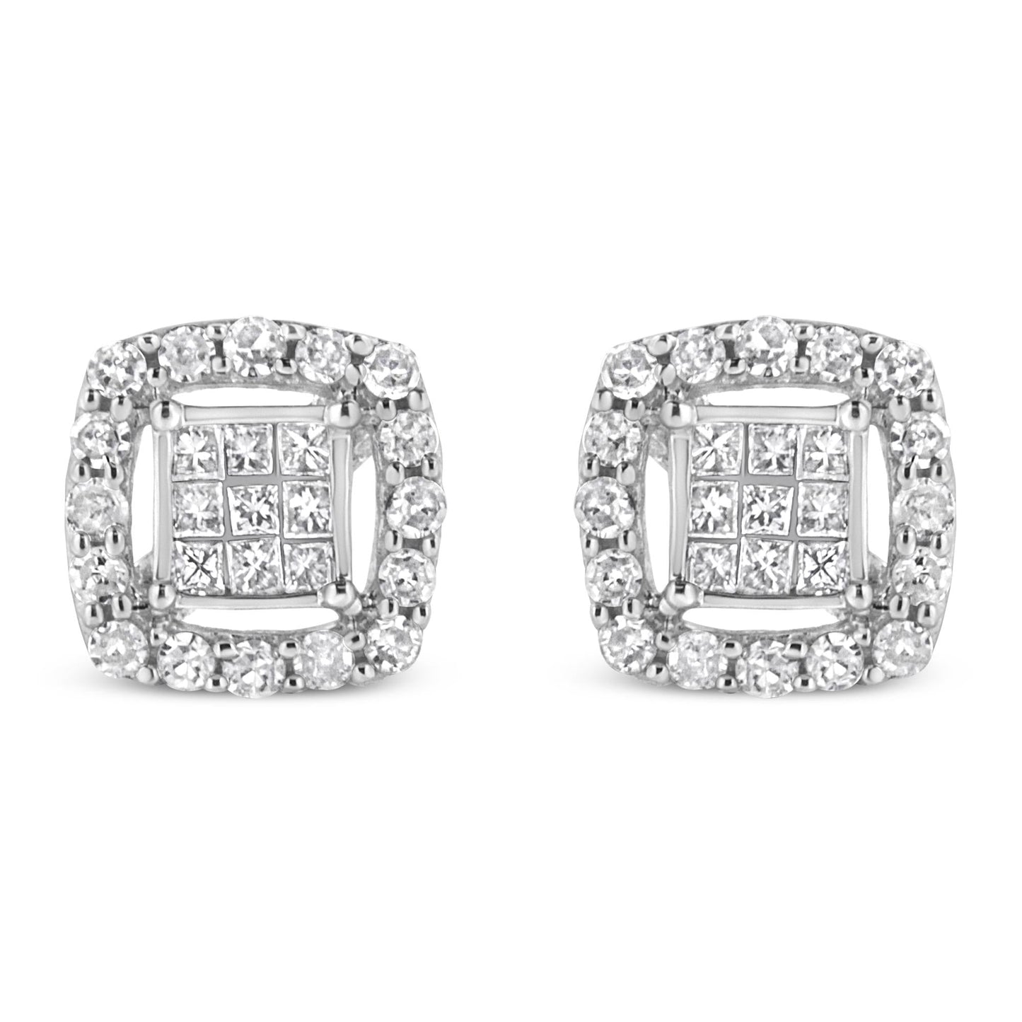 .925 Sterling Silver 1/2 Cttw Round and Princess-Cut Diamond Stud Earrings (I-J Color, I1-I2 Clarity)