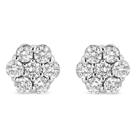 .925 Sterling Silver 1.0 Cttw Diamond Cluster 7 Stone Floral Stud Earring (I-J Color, I1-I2 Clarity)