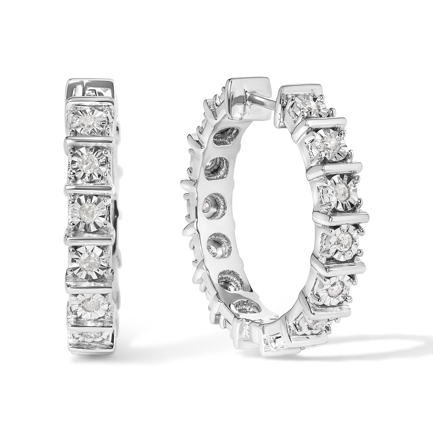 .925 Sterling Silver 1/2 Cttw Diamond Bar and Plate Eternity Hoop Earrings (I-J Color, I3 Clarity)