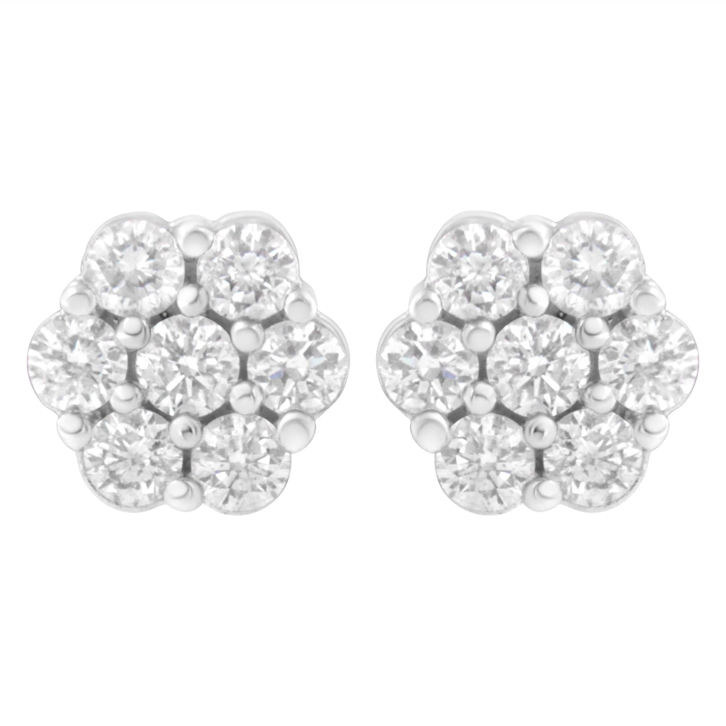 14K White Gold 7 Stone Floral Cluster Round Brilliant Cut Diamond Stud Earrings with Screw Backs(I-J, SI2-I1)