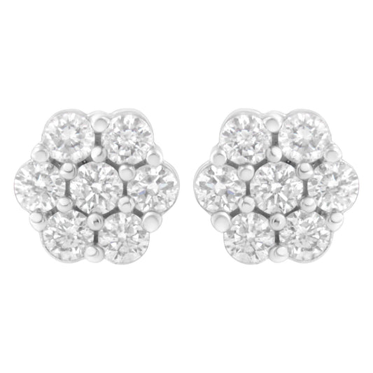 14K White Gold 7 Stone Floral Cluster Round Brilliant Cut Diamond Stud Earrings with Screw Backs(I-J, SI2-I1)