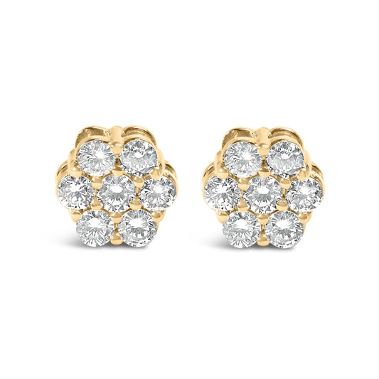 14K White Gold 7 Stone Floral Cluster Round Brilliant Cut Diamond Stud Earrings with Screw Backs(I-J, SI2-I1)