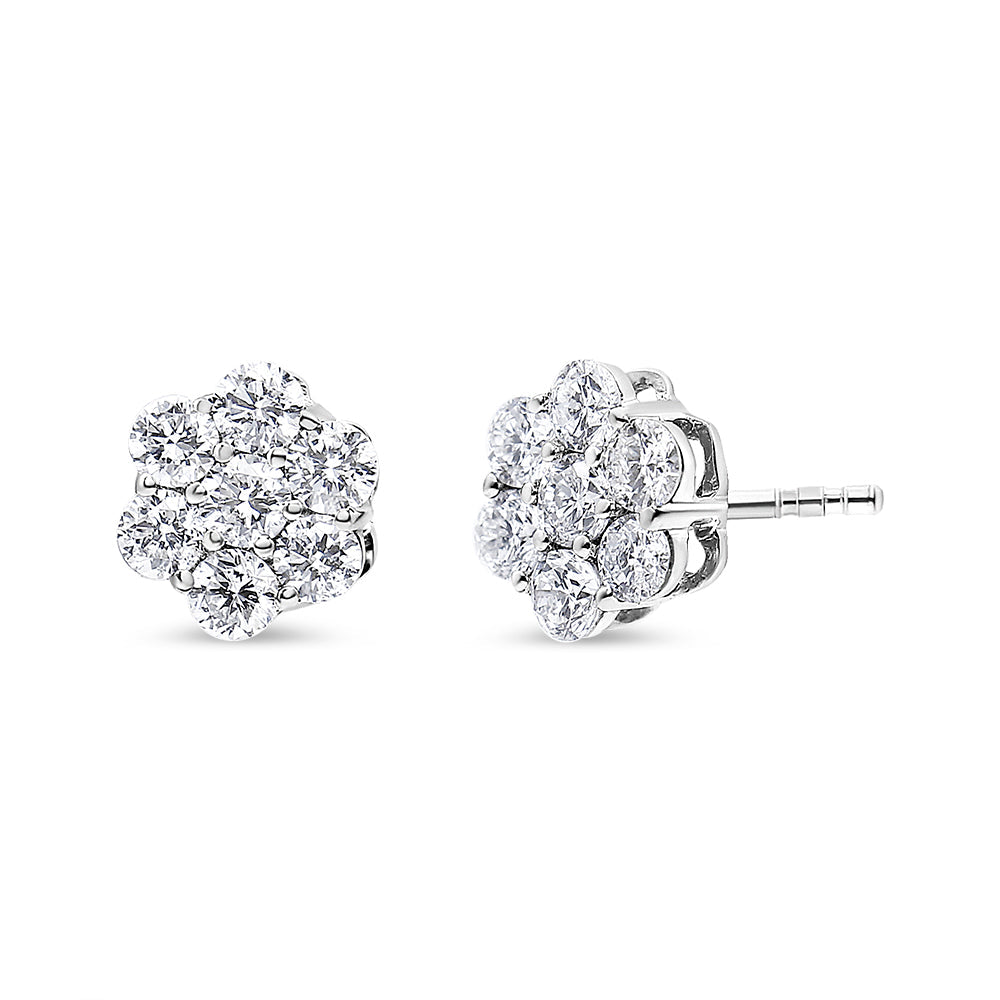 14K White Gold 7 Stone Floral Cluster Round Brilliant Cut Diamond Stud Earrings with Screw Backs(I-J, SI2-I1)