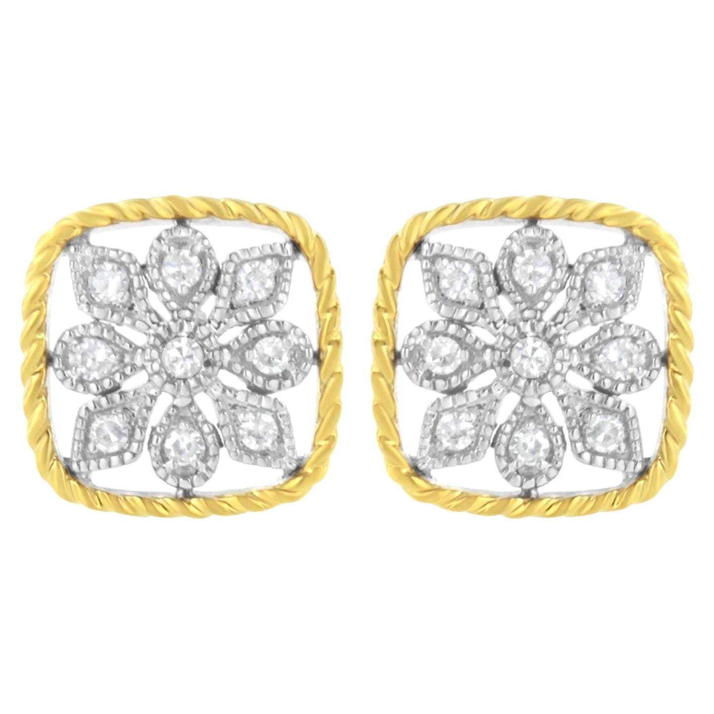 10K Yellow Gold Plated .925 Sterling Silver 1/4 cttw Diamond "Flower in a Box" Stud Earrings (I-J Color, I2-I3 Clarity)