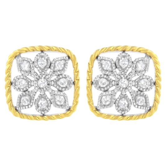 10K Yellow Gold Plated .925 Sterling Silver 1/4 cttw Diamond "Flower in a Box" Stud Earrings (I-J Color, I2-I3 Clarity)