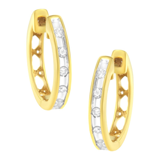 10K Yellow Gold Plated .925 Sterling Silver Channel Set Round-Cut Diamond Accent Classic Hoop Earrings (I-J Color, I1-I2 Clarity)