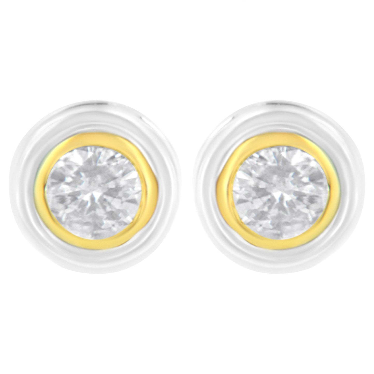 10K Yellow & White Two-Tone Gold 1/5 Cttw Round Brilliant-Cut Near Colorless Diamond Bezel-Set Stud Earrings with Screw Backs (J-K Color, I1-I2 Clarity)