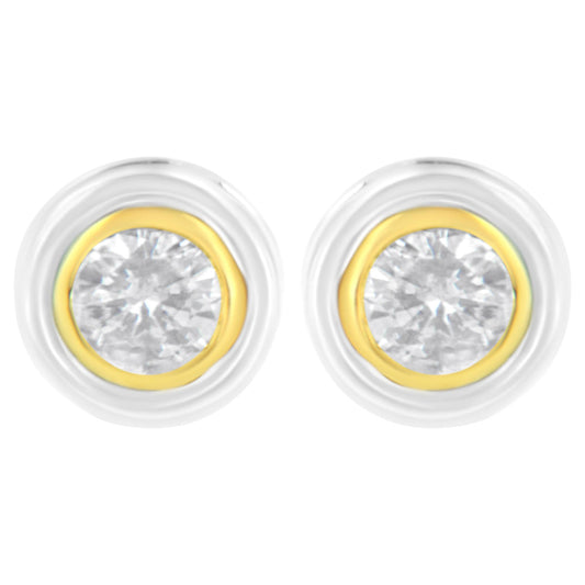 10K Yellow & White Two-Tone Gold 1/5 Cttw Round Brilliant-Cut Near Colorless Diamond Bezel-Set Stud Earrings with Screw Backs (J-K Color, I1-I2 Clarity)