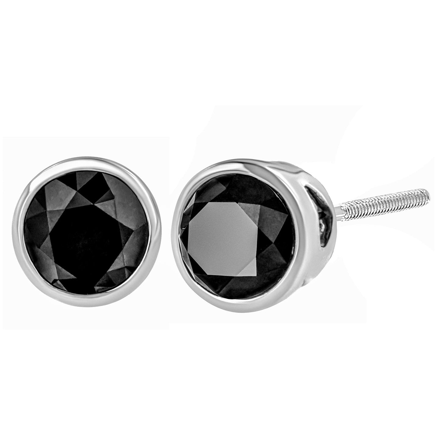 14K White Gold Round Brilliant-Cut Black Diamond Bezel-Set Stud Earrings with Screw Backs (Fancy Color-Enhanced, I2-I3 Clarity)