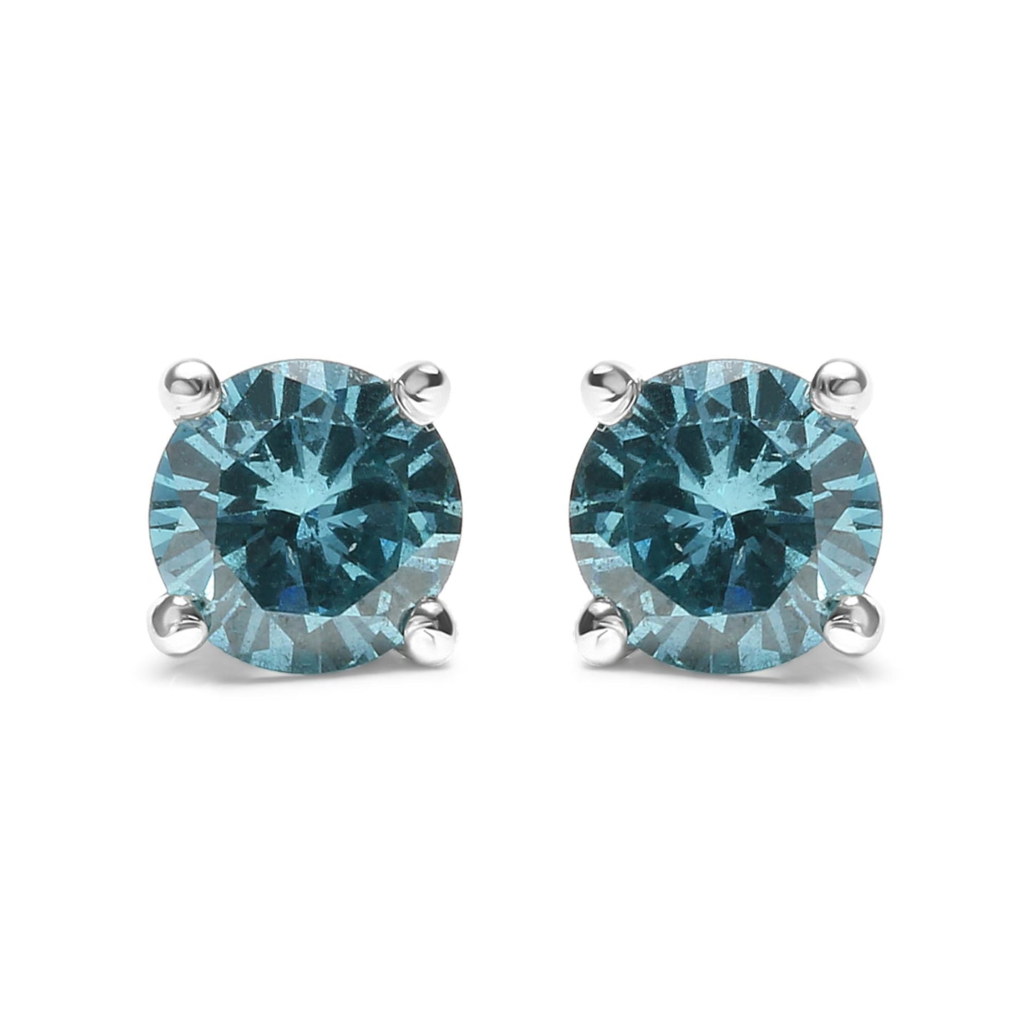 14K Gold 1/2 Cttw Aqua Blue Diamond Screw-Back 4-Prong Classic Stud Earrings (Color Treated, I2-I3)