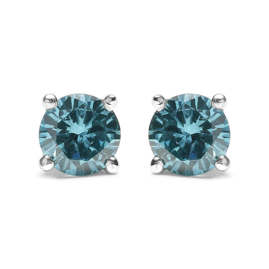 14K Gold 1/2 Cttw Aqua Blue Diamond Screw-Back 4-Prong Classic Stud Earrings (Color Treated, I2-I3)