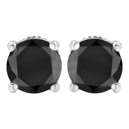 .925 Sterling Silver Round Brilliant-Cut Black Diamond Classic 4-Prong Stud Earrings with Screw Backs (Fancy Color-Enhanced, I2-I3 Clarity)