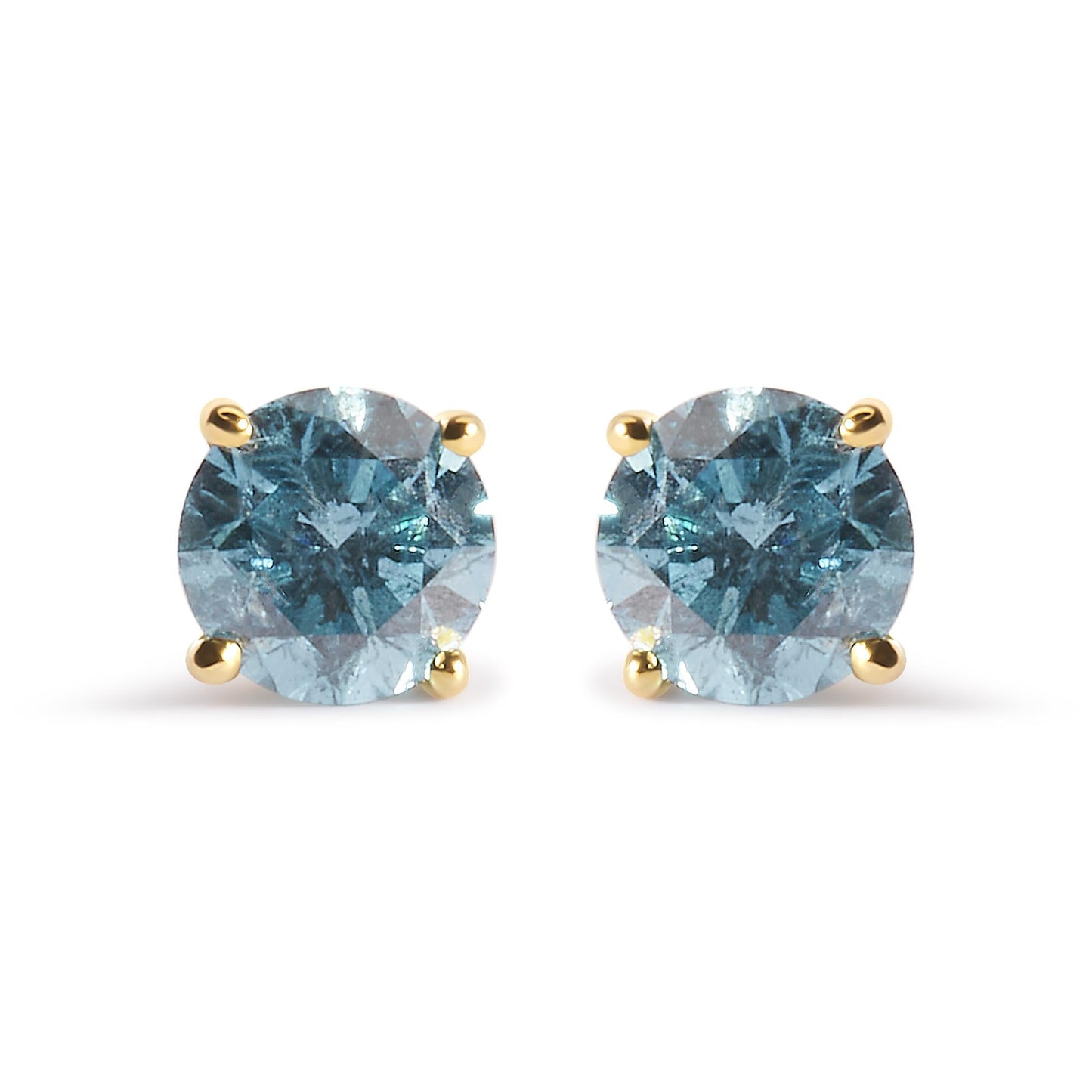 14K Yellow Gold 1.0 Cttw Treated Aqua Blue Diamond Classic Solitaire Stud Earrings (Aqua Blue Color, I2-I3 Clarity)