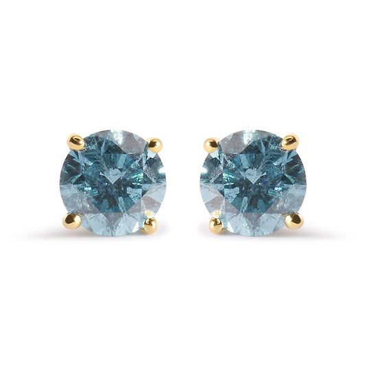 14K Yellow Gold 1.0 Cttw Treated Aqua Blue Diamond Classic Solitaire Stud Earrings (Aqua Blue Color, I2-I3 Clarity)